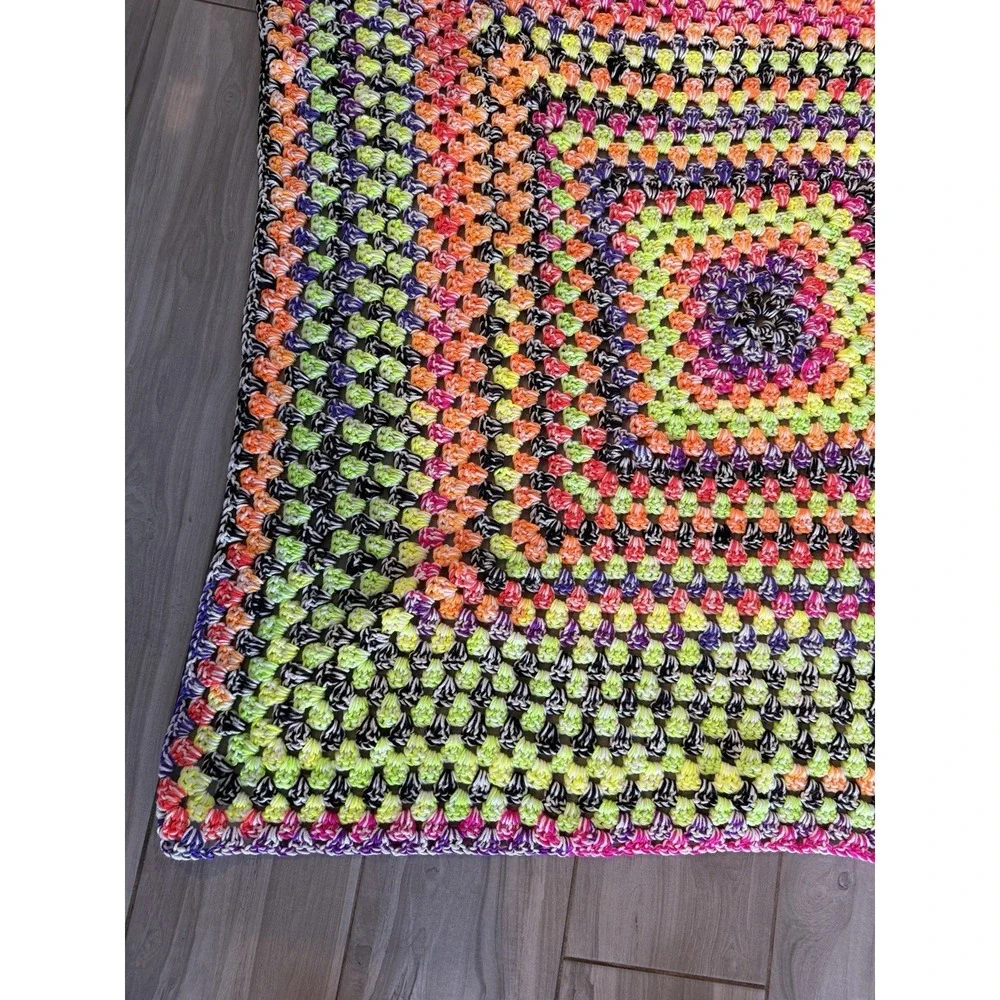 Handmade Rainbow Neon‎ Afghan Blanket Crochet 52x52 Throw Psychedelic Mid-Weight